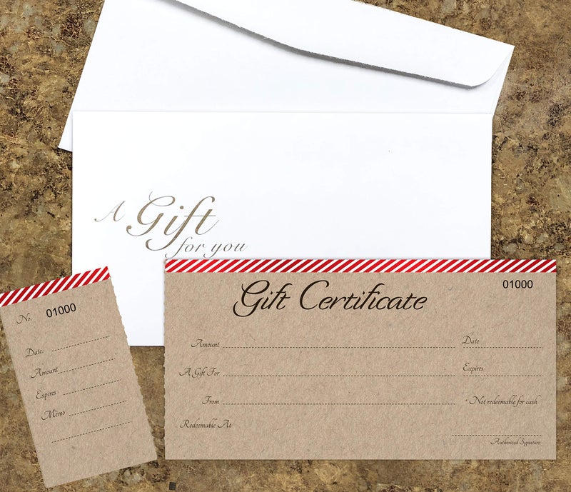 IMPACTONLINEPRINTING Blank Gift Certificates Cards with Free Envelopes 25 set-Stripes on Red Bar with kraft background image - Image 3